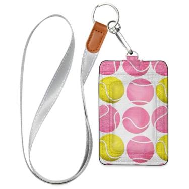 Imagem de OTVEE Porta-crachá com cordão rosa e amarelo bolas de tênis de couro PU suporte vertical para crachá de identificação com janela transparente para identificação para escritório