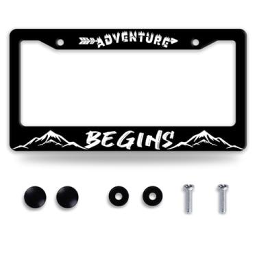 Imagem de Adventure Begins Molduras engraçadas para placa de licença para carro peças decorativas placa de carro aço inoxidável placa de licença para suporte de placa de licença padrão EUA Canadá 30 x 15 cm