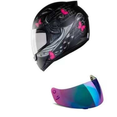 Imagem de Capacete Ebf New Spark Borboleta Preto e Rosa Mais Viseira Camaleão, 5