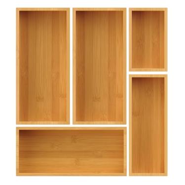 Imagem de Conjunto organizador de gaveta de bambu, bandejas de armazenamento de 5 peças para cozinha, banheiro, mesa de escritório, gavetas de maquiagem e lixo, utensílios