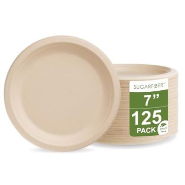 Imagem de [125 unidades] Pacote de colheita de pratos de papel compostáveis descartáveis redondos de 18 cm, placa pequena biodegradável de bagaço natural resistente de 18 cm, feita de fibras vegetais de cana de