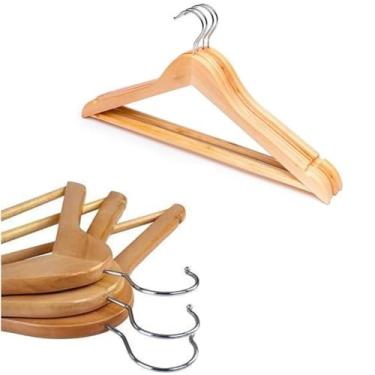 Imagem de Kit 3 Cabides Madeira Marfim Alça Gancho Cromado Roupa Calça Adulto