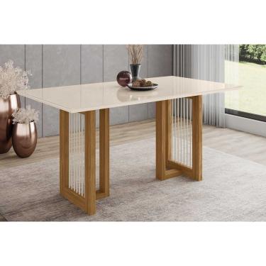 Imagem de Mesa de Sala Jantar Yara SC78 c/ Tampo Madeirado c/ Vidro Reto 160x90cm Nature/Off White - Henn