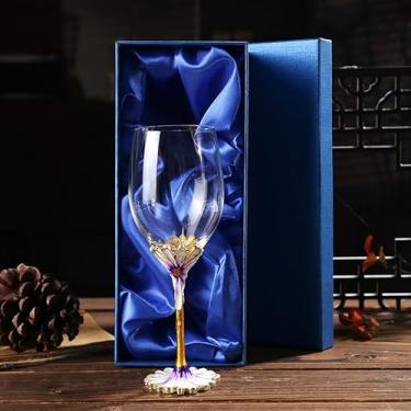 Imagem de Simcat Taças de vinho esmaltadas pintadas à mão em vidro transparente refinado, haste para cabernet, presentes (caixa de presente única roxa, flor pequena)