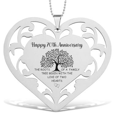 Imagem de Enfeite de coração de aço inoxidável do 70º aniversário com árvore genealógica gravada a laser, decoração suspensa com corrente de contas para casa, escritório, espelho retrovisor de carro, lembrança