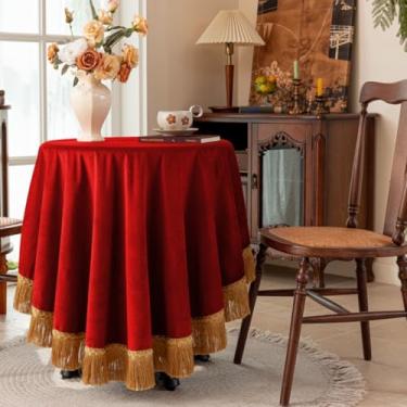 Imagem de F-CHU Toalha de mesa vermelha grossa de veludo com lindas borlas douradas, toalha de mesa vintage para decoração de casa, casamento, festa, banquete e eventos, redonda de 178 cm