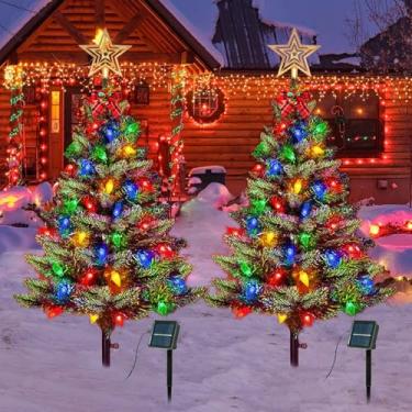 Imagem de Árvore de Natal solar atualizada, 2 peças, decorações de Natal ao ar livre, árvore de Natal alimentada por energia solar com 100 luzes LED multicoloridas C6, adequada para exibição de férias ao ar