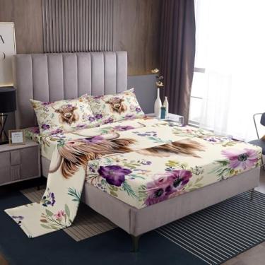 Imagem de Manfei Jogo de cama Queen Highland Cattle infantil, margarida roxa, flores botânicas, decoração de quarto de meninos e meninas, animal de vaca selvagem, bege, 4 peças (elástico + plano + 2 fronhas)