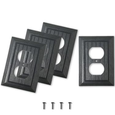 Imagem de Placas de parede pretas capas de tomada de grão de madeira, pacote com 4 placas de parede decorativas duplex de 1 gangue, placa de parede estilo fazenda vintage, tamanho padrão 8 cm x 12 cm