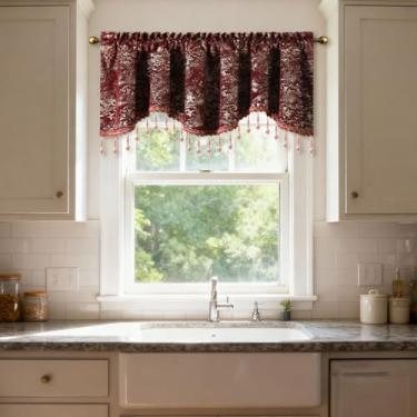 Imagem de VOGOL Sanefas de cozinha de veludo para janelas, acabamento em folha texturizada de mármore para sala de estar, sala de jantar, cortinas de saia recortadas com filtro de luz com bolso de haste, L132 x