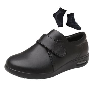 Imagem de Sapatos De Homem Em Couro Para Edema Diabético, Sapatos De Homem Com Fecho Ajustável Para Artrite E Inchaço Nos Pés Diabéticos, Antiderrapantes Ortopédicos Aumentam Espessura Alargam(Black,46 EU)