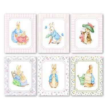Imagem de Bgohrd Conjunto de pôsteres rosa preppy, impressões de arte de parede florais de coelhos rosa para decoração de berçário de sala de estar, pôster de pintura de coelho vintage para galerias de quarto