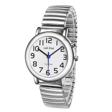 Imagem de LAKXIUL Relógios falantes em inglês, unissex, para pessoas com deficiência visual, pulseira feminina, relógio de pulso analógico, voz com despertador falante, data, Prata