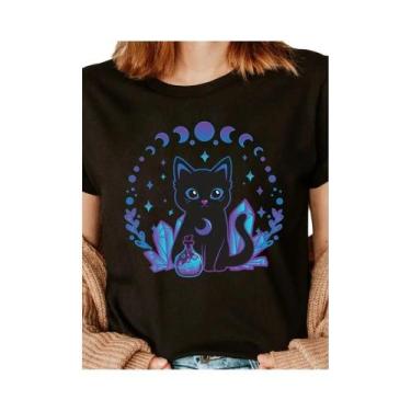 Imagem de Camiseta De Algodão Com Estampa De Gato Preto Para Mulheres, Manga Cur