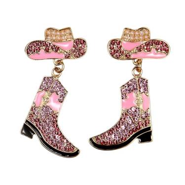 Imagem de Brincos de chapéu de bota de cowboy para mulheres, brincos pendentes de strass ocidental, Small, Zinco, Sem pedra preciosa