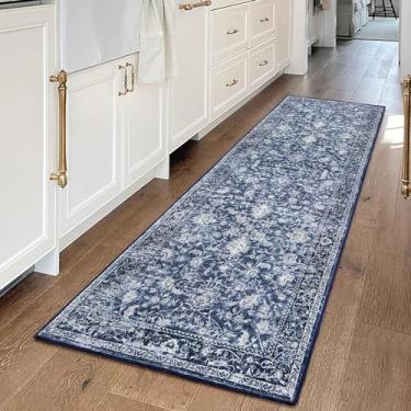 Imagem de KILOCOCO Tapete de corredor 6 x 12 cm vintage floral lavável tapete de corredor de cozinha antiderrapante para corredores de banheiro tapete boho desgastado para quarto, lavanderia, azul marinho