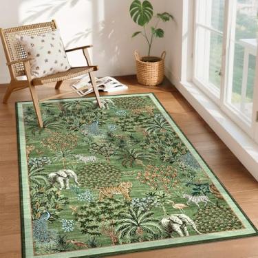 Imagem de GarveeHome Tapete com estampa de animais selvagens, 7,5 x 12,5 cm, lavável para sala de estar, tapete de floresta antiderrapante, macio, resistente a manchas, para quarto de crianças, berçário, verde