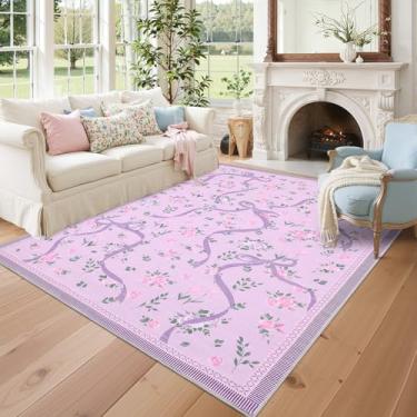 Imagem de GarveeHome Coquette Tapetes roxos para quarto de meninas, 20 x 25 cm para sala de estar com pelo baixo macio, tapete lavável com laço floral antiderrapante, 20 x 25 cm, para berçário, dormitório, sala