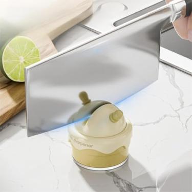 Imagem de Afiador de facas em forma de sorvete, amarelo creme, ranhura em V de cerâmica, faca portátil de 16,5 x 6,5 cm e afiador de tesoura com base antiderrapante, rodas de cerâmica, ferramenta rápida e fácil