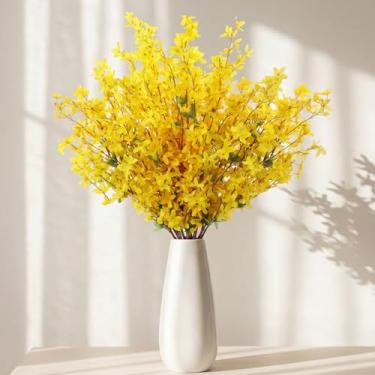 Imagem de XunYee Falso Forsythia caules longos ramos artificiais de forsítia ramos de flores amarelas ramos de orquídeas artificiais ramo de flores artificiais para decoração interna e externa de casamento em