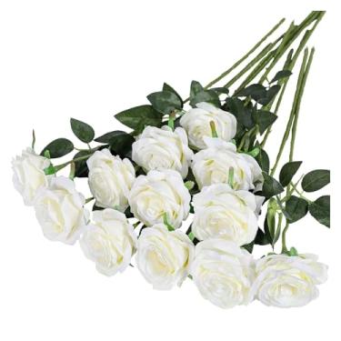 Imagem de 12 peças de buquê de rosas artificiais realistas para casamentos, aniversários e muito mais para arranjos florais e decoração de casa flor artificial (branco)