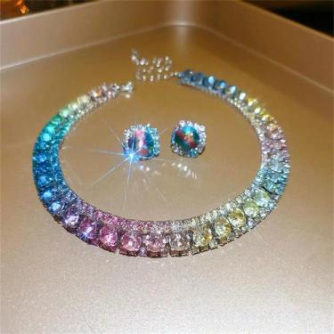 Imagem de Conjunto De Colar E Brincos De Cristal AB Rosa Para Mulheres, Acessóri