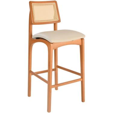 Imagem de Banqueta Alta Amsterdã Madeira Maciça Amêndoa Encosto Palha Sextavada Natural Assento Corino Off White