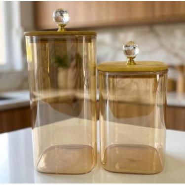 Imagem de Kit Potes Herméticos de Vidro Quadrado Âmbar com Tampa de Bambu Porta 