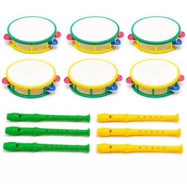 Imagem de Kit 6 Pandeiro 6Flauta Infantil Brasil Festa Copa Criança Musical Lemb