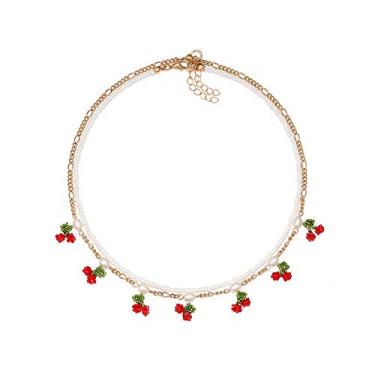 Imagem de Pacote com 2 colares feitos à mão com contas de cereja fofas para mulheres, meninas, corrente amizade, irmã, filha, joias delicadas de pérolas, presentes BFF, Metal, Sem Pedra Preciosa