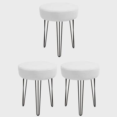 Imagem de Kit 03 Banquetas Puff Jullia Luxo 55cm Industrial Ferro Preto Corino Branco - Ahz Móveis