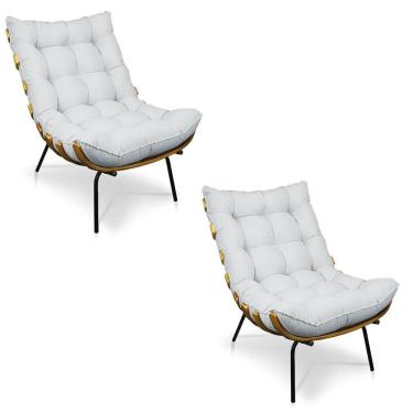 Imagem de Kit 02 Poltronas Costela Linho Cinza Claro A05 Base De Metal - D'Rossi