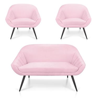 Imagem de Kit 01 Namoradeira 02 Lugares e 02 Poltronas Giovana Suede Rosa Bebê de Ferro
