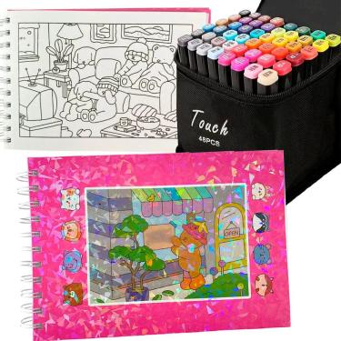 Imagem de Livro Colorir Pintar Ursinho Fofo Canetinhas 48 Cores 100 Paginas Capa Dura Caneta Ponta Dupla