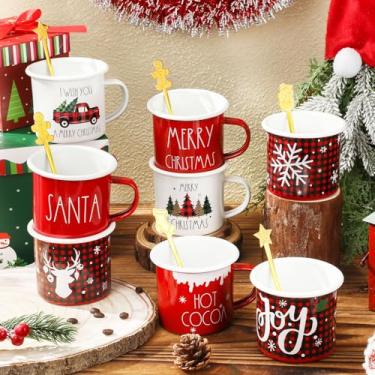 Imagem de Sliner Conjunto de 8 Canecas de Café de Natal com Colher de Natal 340 g Caneca de Café de Férias Esmaltada Design de Cacau Quente Canecas de Presente de Natal para Amigos Colegas de Trabalho