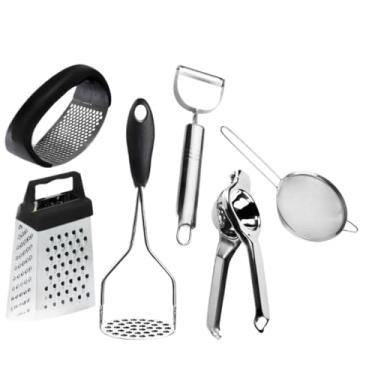 Imagem de Kit Amassador Batata + Amassador Alho + Descascador + Ralador + Peneira Cozinha + Espremedor Limão (5 Pçs Ral Desc Bat Alho Pen)