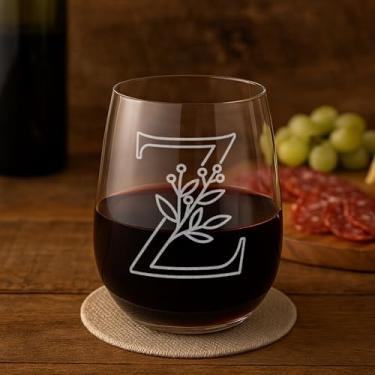 Imagem de On The Rox Drinks Presentes com monograma para mulheres e homens - Letra A-Z com monograma gravado com inicial taça de vinho sem haste - presentes de vinho personalizados de 500 ml para mulheres e