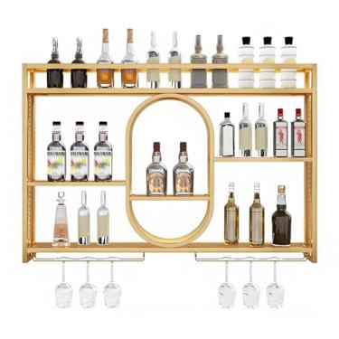 Imagem de Rack de vinho industrial montado na parede - Prateleira flutuante de metal de 3 camadas com suporte de vidro, grande exibição de garrafa de licor para bar doméstico, acabamento dourado (120 x 15 x 80