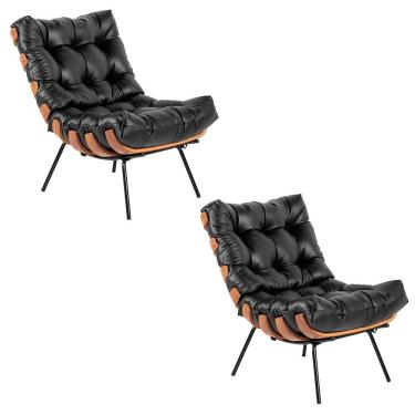 Imagem de Kit 02 Poltronas Giratória Costela Couro Preto Base Madeira