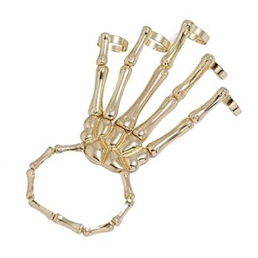Imagem de mão esqueleto Halloween, bracelete esqueleto com anel fashion caveira metal exagerado, presentes punk festa para mulheres e homens