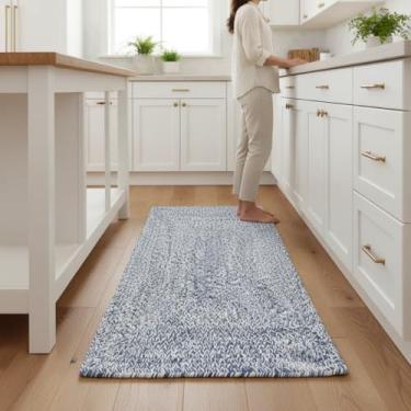 Imagem de Super Area Rugs Tapete trançado Farmhouse Tapete reversível de cozinha de algodão, azul e branco, corredor retangular de 6 x 15 cm