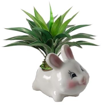Imagem de WENDIN Lindo vaso de cerâmica para suculentas, pequeno vaso interno em forma de animal, lindos vasos de flores de cacto com drenagem para mesa de escritório e decoração de jardim doméstico (coelho