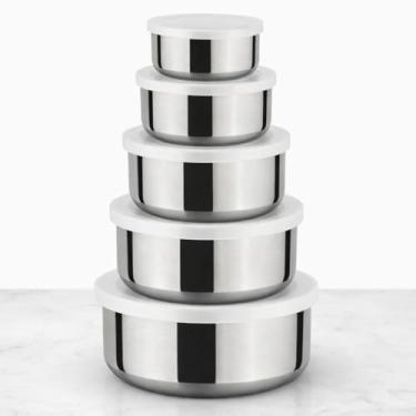 Imagem de Conjunto de Potes Bowls em Aço Inox com Tampa, Kit 5 Peças Empilháveis, Ideal para Armazenar, Preparar e Servir Alimentos, Cozinha e Marmita