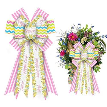 Imagem de Grandes laços de Páscoa para guirlanda, laços de guirlanda de páscoa felizes arcos de serapilheira branco rosa arcos de serapilheira folhas de ovos para decoração de árvore de Natal para porta da