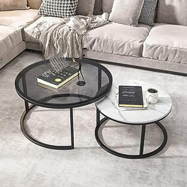 Imagem de Conjunto de 2 mesas de centro aninhadas, mesa de centro redonda grande de vidro temperado com tampo de ardósia, mesa de sofá redonda pequena para sala de estar, mesas empilháveis ​​de aninha