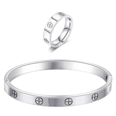 Imagem de Pulseira de amor da amizade banhada a ouro 18 K com anel conjunto de joias para mulheres pulseira oval de aço inoxidável com dobradiça simples de pedras de zircônia cúbica bracelete melhores presentes