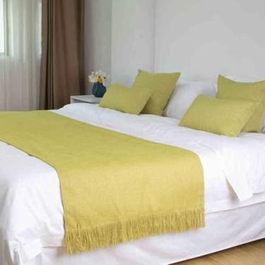 Imagem de Cachecol para cama de hotel, toalha de cama de cor sólida, colcha de malha para sofá, cobertor macio e confortável com borla para cama queen, casal, solteiro, king size - amarelo||48 x 210 cm para