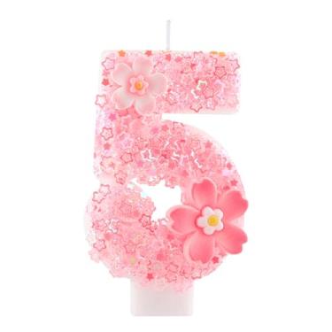 Imagem de Hongplus Vela de aniversário número 5 rosa flor de cerejeira, vela de aniversário de 7 cm fofa brilhante feliz 4 anos com bandeja e palito para meninas, 4 velas para 5 aniversários, festas de