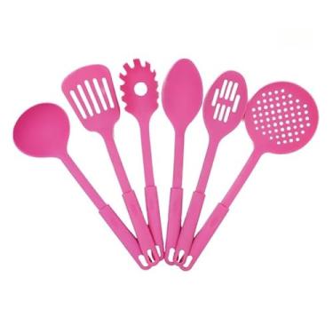 Imagem de Kit UtensíLios De Cozinha, Kit UtensíLios De Cozinha Silicone, Conjunto 6 Utensilios Com Gancho De Cozinha De Nylon Colher Concha Escumadeira EspáTula Pegadores(ROSA ESCURO)