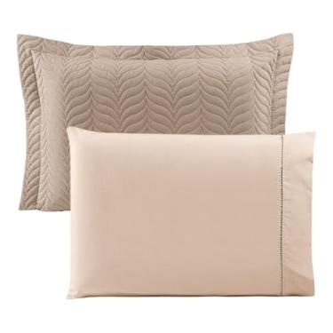 Imagem de Kit 2 Porta Travesseiros 80x55 + 2 Fronhas 70x50 Paris – Algodão 100% Percal 150 Fios – Maciez, Conforto e Acabamento Sofisticado - Cáqui